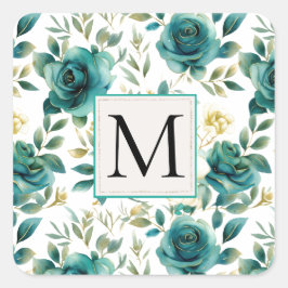Romantic Teal Grönt Cream Ro Blommigt Monogram Fyrkantigt Klistermärke