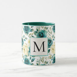 Romantic Teal Grönt Cream Ro Blommigt Monogram Mugg