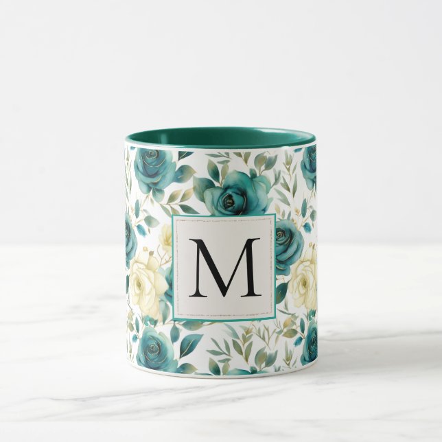 Romantic Teal Grönt Cream Ro Blommigt Monogram Mugg (Center)