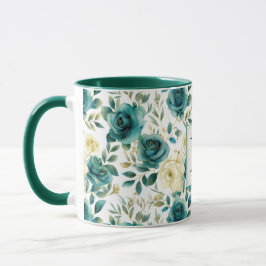 Romantic Teal Grönt Cream Ro Blommigt Monogram Mugg