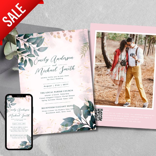 Romantic Teal  Photo Qr Code Osa Bröllop Inbjudningar (Skapare uppladdad)