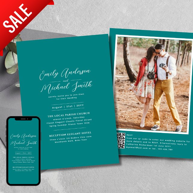 Romantic Teal Photo Qr Code Osa Bröllop Inbjudningar (Skapare uppladdad)