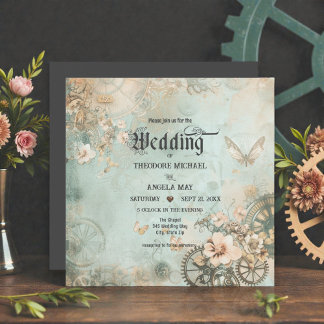 Romantic Teal Steampunk Gears Wedding Invitation Inbjudningar