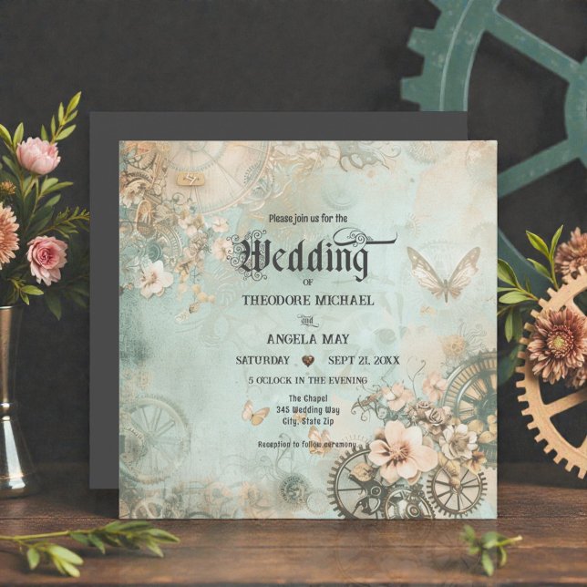 Romantic Teal Steampunk Gears Wedding Invitation Inbjudningar (Skapare uppladdad)