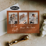 Romantic Terracotta Photo Collage Spara datumet Inbjudningar<br><div class="desc">Det här är ett vackert Spara datumet med tre foton av dig och din make/maka. Har ren svart och vit text. Den här designen är helt anpassade - du kan anpassa text,  text färg och bakgrund färg efter dina önskemål</div>