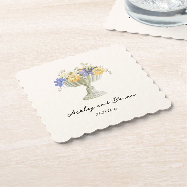 Romantic Tuscan Garden Urn with Flowers Wedding Underlägg Papper (Vinklad)