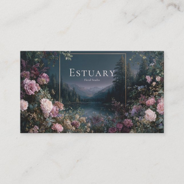 Romantic Twilight Floral and Starry Mountain Lake  Visitkort (Framsida)
