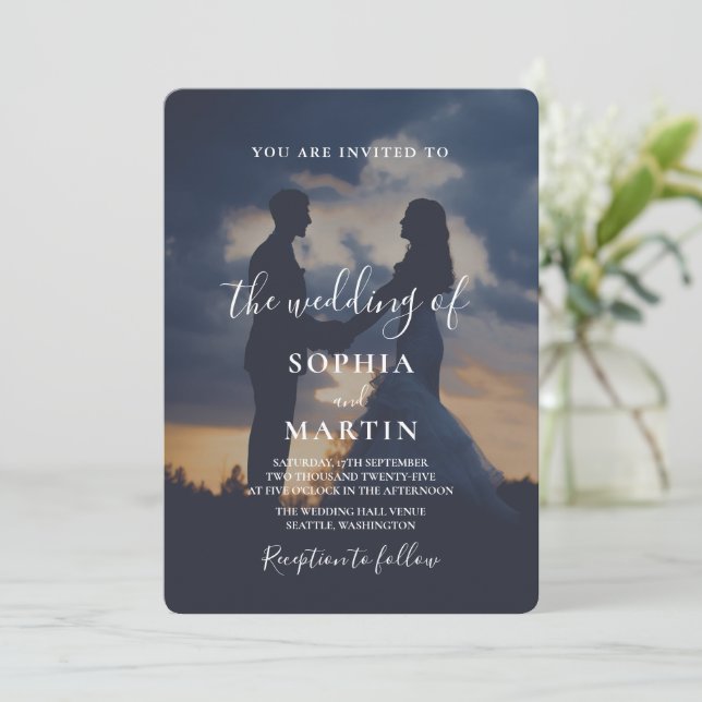 Romantic Twilight Silhouette Photo Script Wedding  Inbjudningar (Stående Fram)