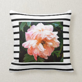 Romantic Vår Peach Peony på Black Rand Kudde