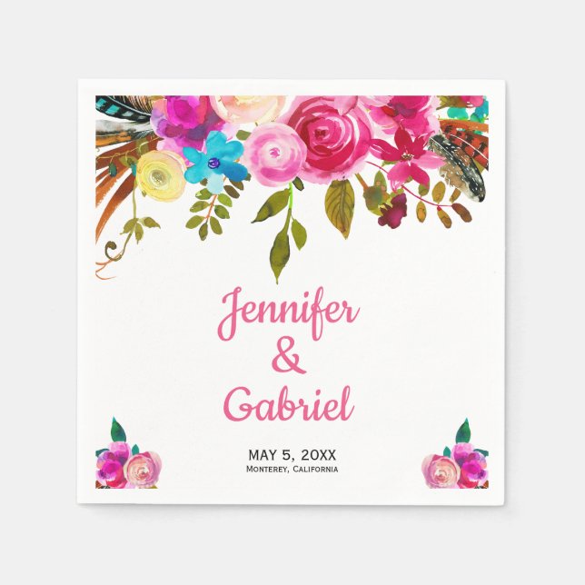 Romantic Vår Rosa Watercolor Blommigt Bröllop Pappersservett (Framsidan)