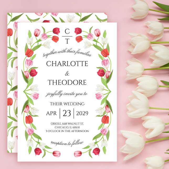 Romantic Vår Tulip Blommigt Rosa & White Bröllop Inbjudningar (Romantic Spring Tulip Floral Pink & White Wedding Invitation)