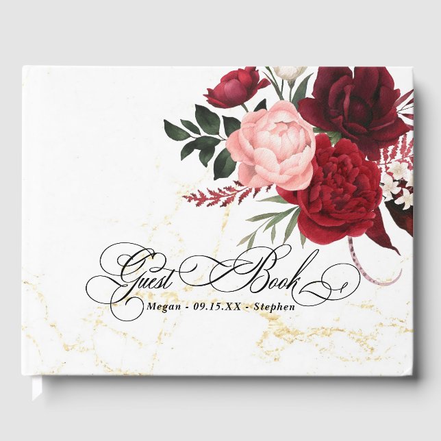 Romantic Vatten Färg Burgundy Blommigt Bröllop Gästböcker (Framsida)