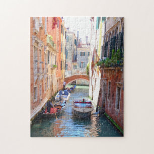 Romantic Venedig Canal med brygga och båt, Italie Pussel