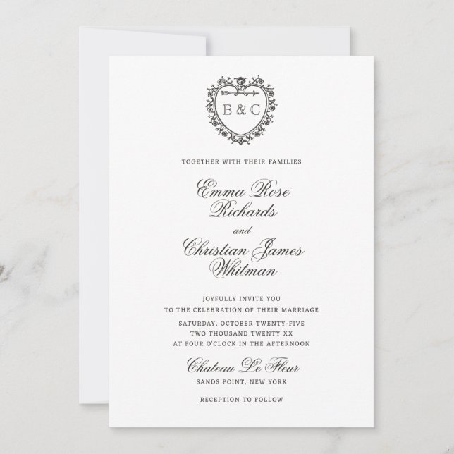 Romantic Vintage Monogram Crest Wedding Inbjudningar (Framsida)