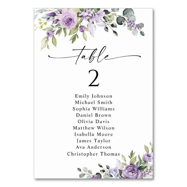 Romantic Violet Flower Table Seating Chart Cards Bordsnummer (Framsidan)