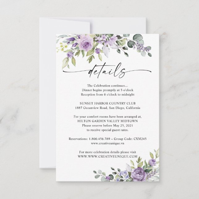 Romantic Violet Flowers Wedding Details Card OSA Kort (Framsida)
