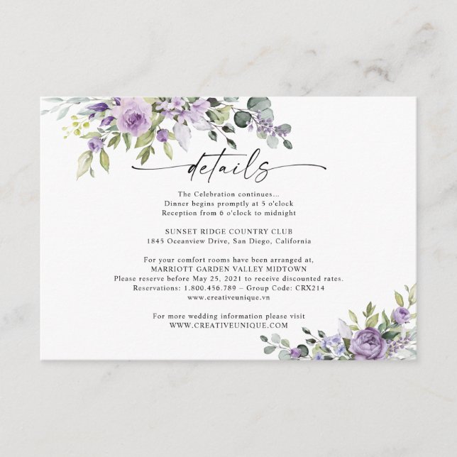Romantic Violet Flowers Wedding Details Card Tilläggskort (Framsida)
