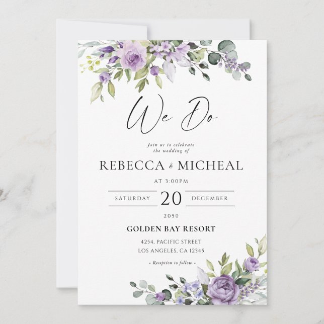Romantic Violet Flowers Wedding Invitation Inbjudningar (Framsida)