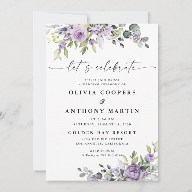 Romantic Violet Flowers Wedding Invitation Inbjudningar (Framsida)