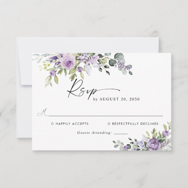Romantic Violet Flowers Wedding RSVP Card OSA Kort (Framsida)