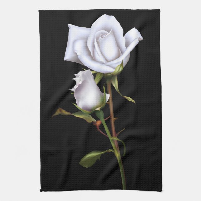 Romantic Vit ros Elegant Blommigt Glam Black Kökshandduk (Vertikal)
