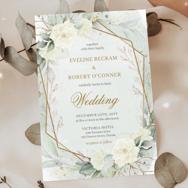 Romantic vit ros Eucalyptus Greenery och Guld Inbjudningar (Whimsical boho white roses and eucalyptus greenery wedding invitation digital)