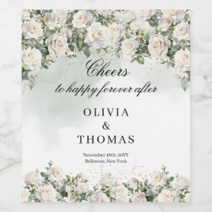 Romantic vit ros Eucalyptus Greenery och Guld Vinflaska Etikett