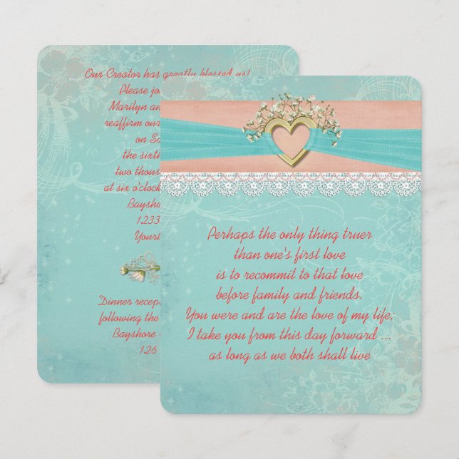 Romantic Vow Renewal Ribbon and Heart Inbjudningar (Fram/baksida)