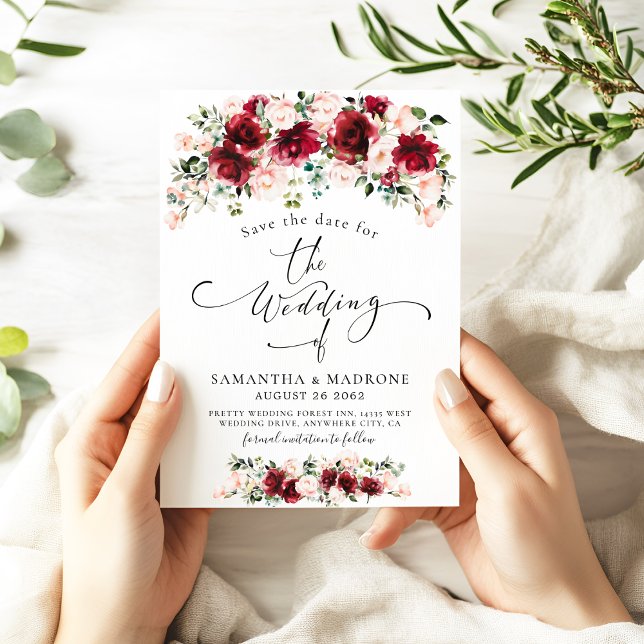 Romantic Watercolor Burgundy Blush Roses Wedding Spara Datumet (Skapare uppladdad)