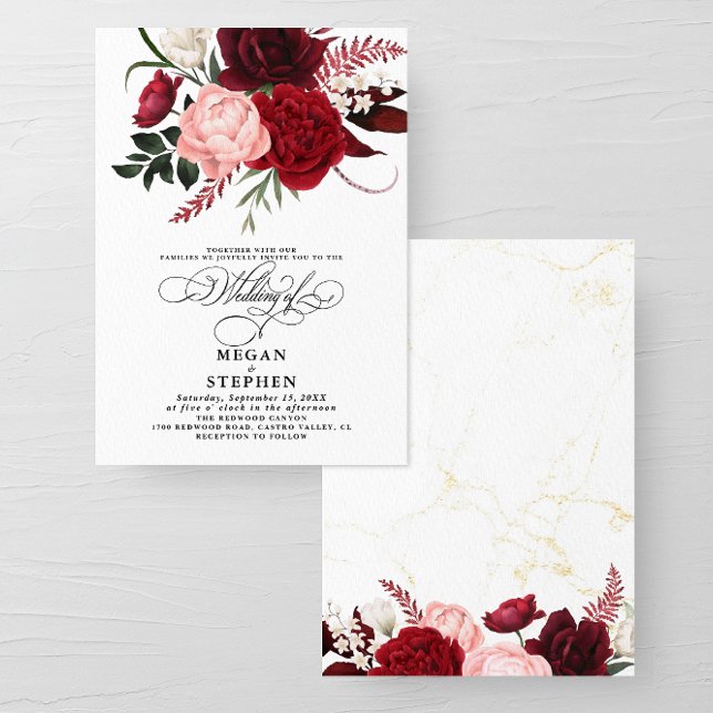 Romantic Watercolor Burgundy Floral Wedding  Inbjudningar (Skapare uppladdad)