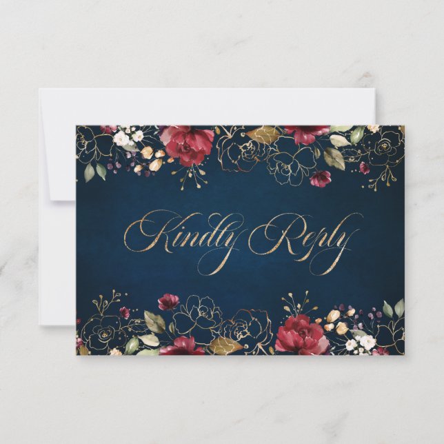 Romantic Watercolor Burgundy Guld Red Navy Blommig OSA Kort (Framsida)