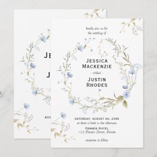 Romantic Watercolor Dusty Blue Wildflower Wedding Inbjudningar
