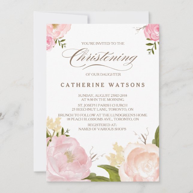 Romantic Watercolor Flowers Christening Photo Inbjudningar (Framsida)