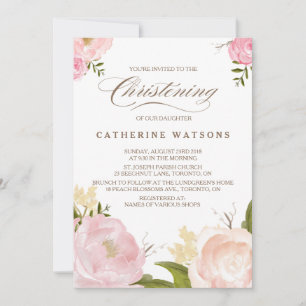 Romantic Watercolor Flowers Christening Photo Inbjudningar