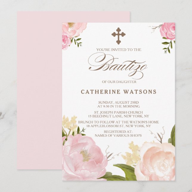 Romantic Watercolor Flowers & Kor Bautizo Inbjudningar (Fram/baksida)
