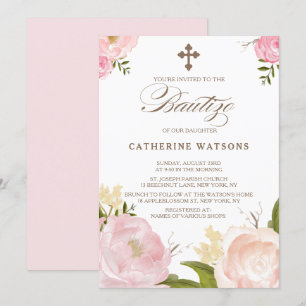 Romantic Watercolor Flowers & Kor Bautizo Inbjudningar
