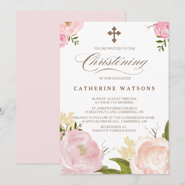 Romantic Watercolor Flowers & Kor Christening Inbjudningar (Fram/baksida)