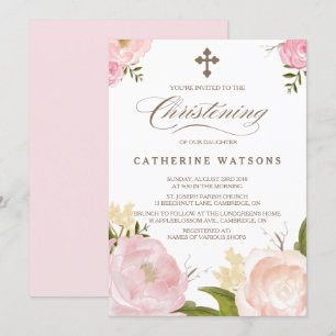 Romantic Watercolor Flowers & Kor Christening Inbjudningar