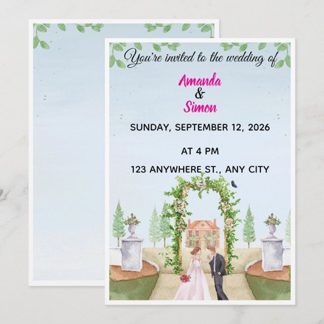 Romantic Watercolor  Garden Wedding Invitation Inbjudningar (Fram/baksida)