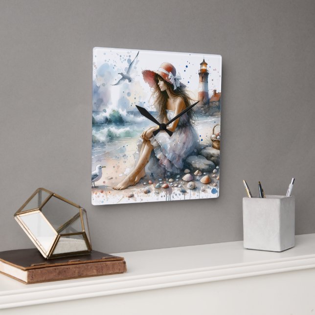 Romantic Watercolor Girl by Lighthouse Fyrkantig Klocka (Kontor)