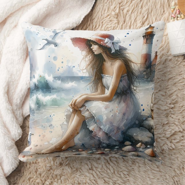 Romantic Watercolor Girl by Lighthouse Kudde (Filt)