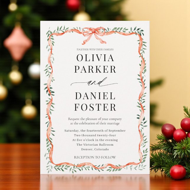 Romantic Watercolor Greenery Red Bow Wedding Inbjudningar (Skapare uppladdad)