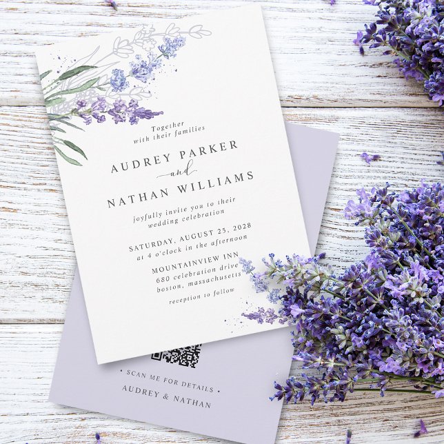 Romantic Watercolor Lavender QR Code Wedding Inbjudningar (Romantic Watercolor Lavender QR Code Wedding Invitation)