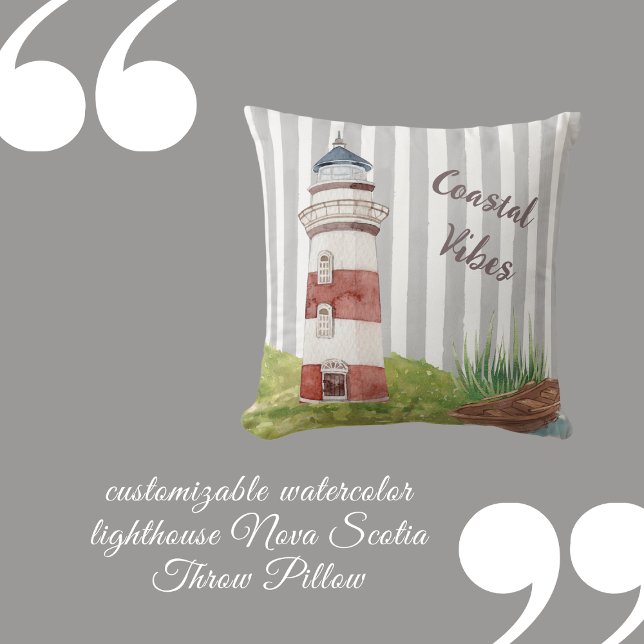 romantic watercolor lighthouse grey white stripes  kudde (customizable watercolor lighthouse Nova Scotia Throw Pillow by Hobinishop)