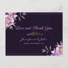 Romantic Watercolor Lila Peony Bröllop Tack Vykort