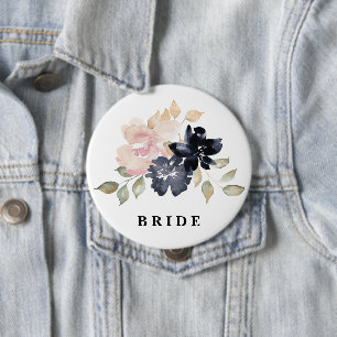 Romantic Watercolor Navy Blommigt Bröllop Bride Knapp