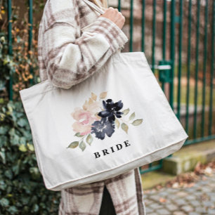 Romantic Watercolor Navy Blommigt Bröllop Bride Tygkasse