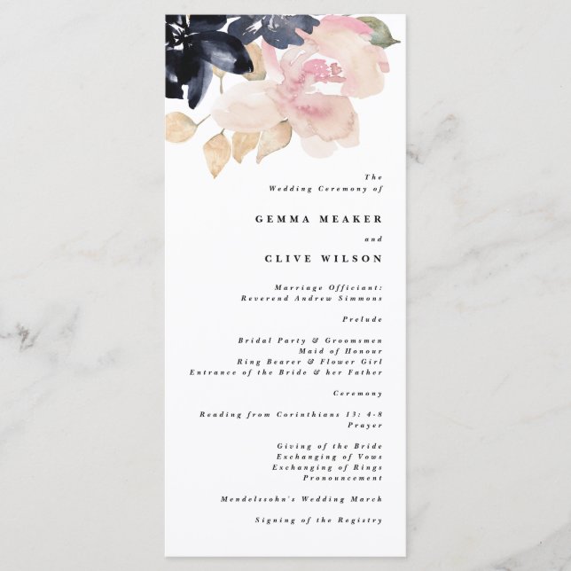 Romantic Watercolor Navy Blommigt Bröllop Ceremony Program (Framsida)