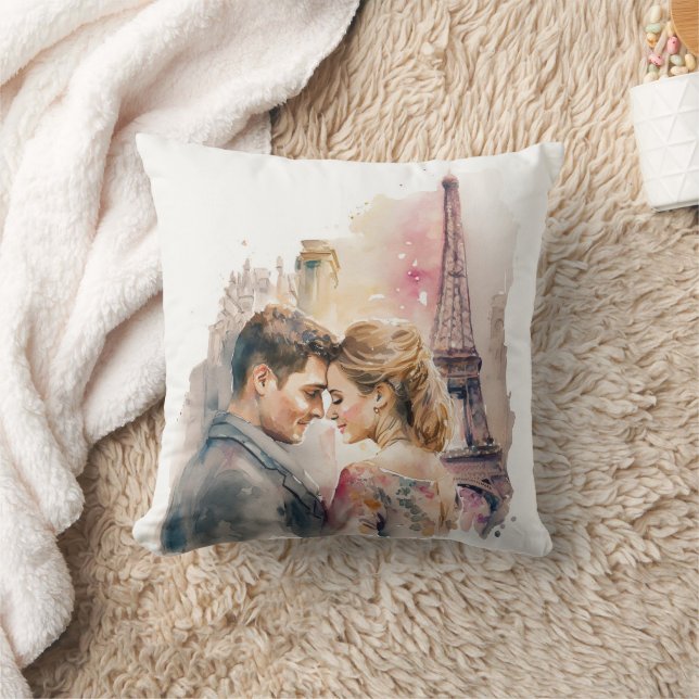 Romantic Watercolor Par i Paris Kudde (Filt)