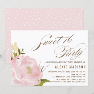 Romantic Watercolor Peony Sweet 16 Födelsedagsfest Inbjudningar